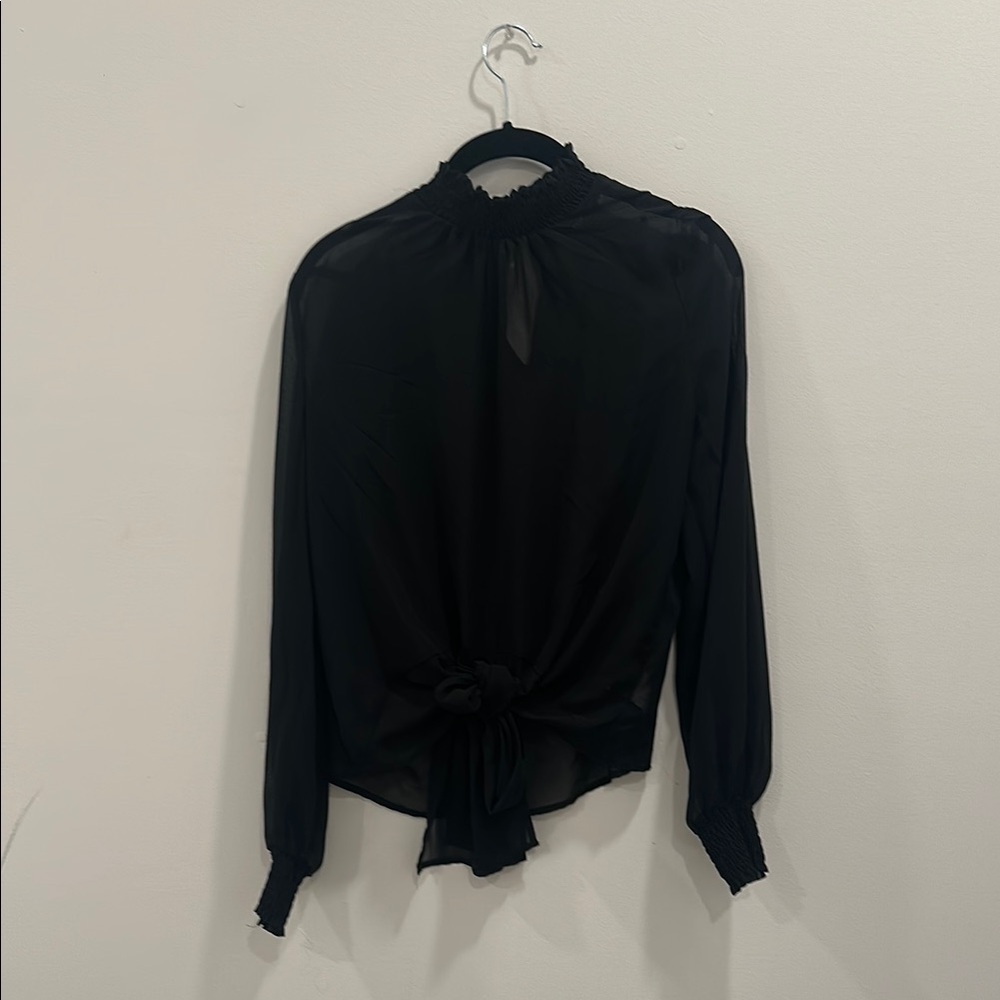 Black Puff Sleeve Sheer Blouse with Tie Front